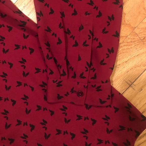 LOFT Wine colored button down shirt with black butterfly pattern, Medium - Picture 3 of 6